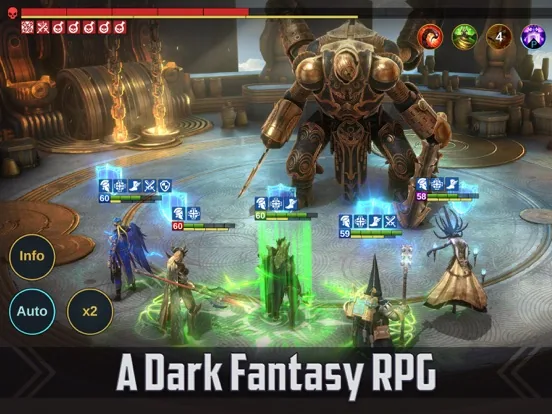 Scena di battaglia dark fantasy di Eternium con eroi e boss